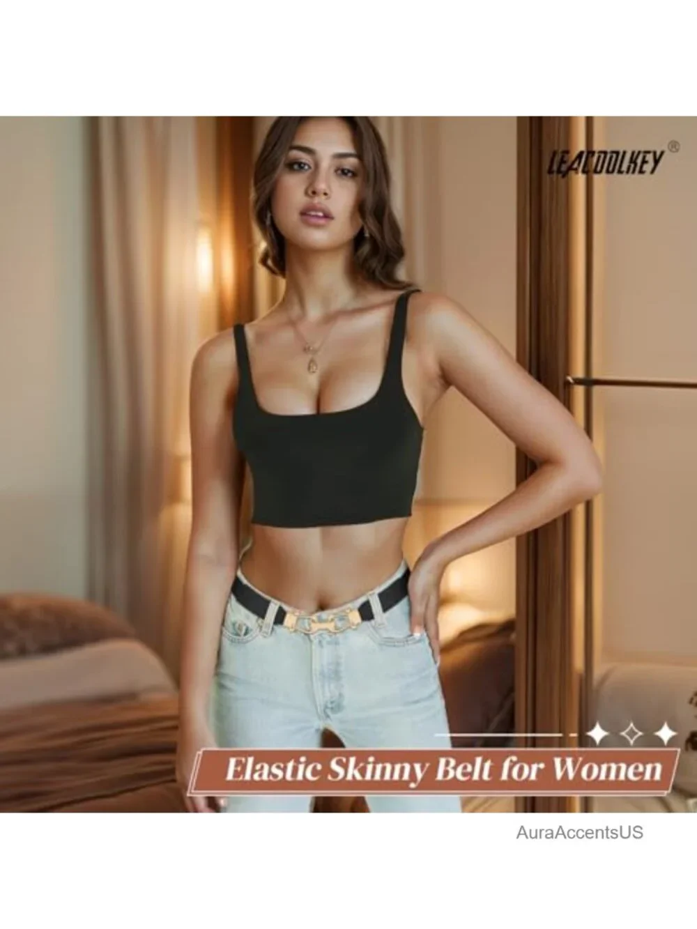 Women Skinny Stretch Belts 2 Pack Thin Elastic Waist Belt Gold Buckle